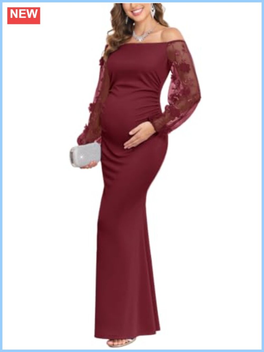 Maternity Off Shoulder Maxi Dress 3D Floral Sheer Long Sleeve Bodycon Mermaid